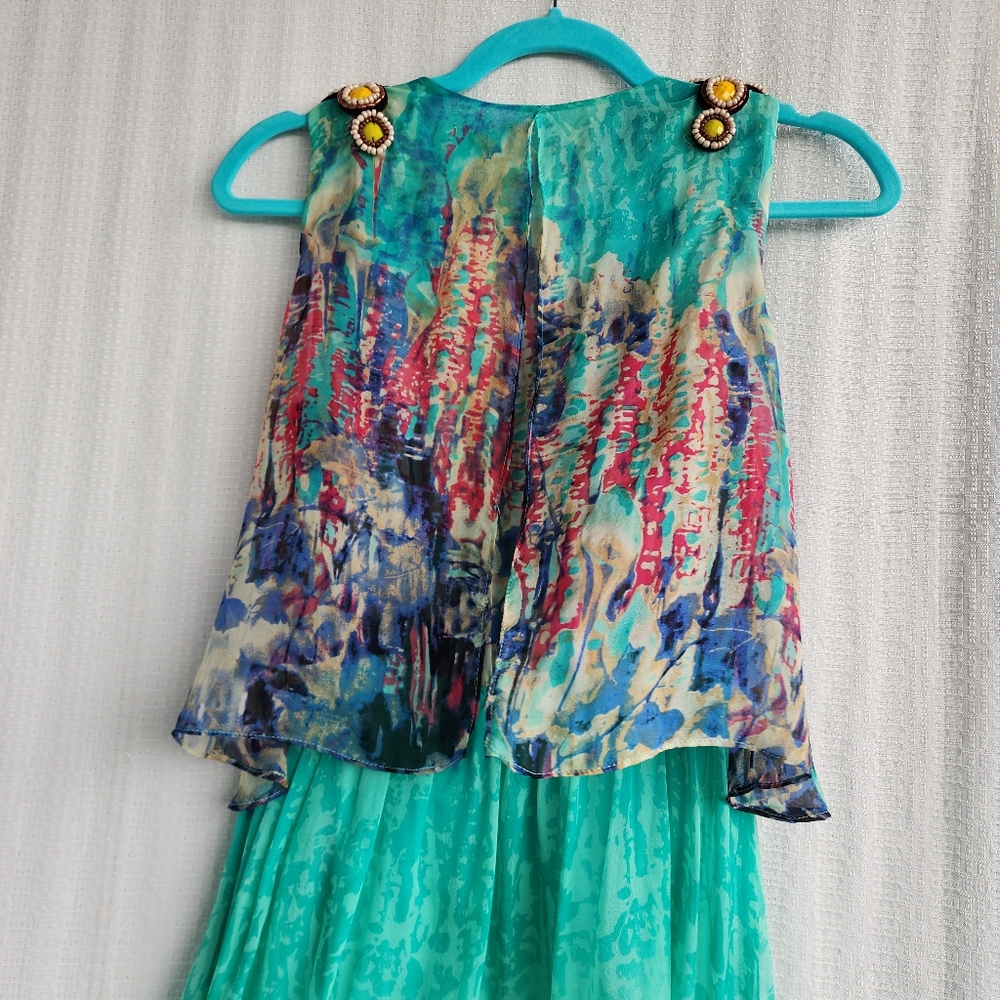 EUC  100% SILK TURQUOISE MAXI DRESS WITH JEWEL EMBELLISHMENTS - SIZE SMALL - Picture 3 of 10